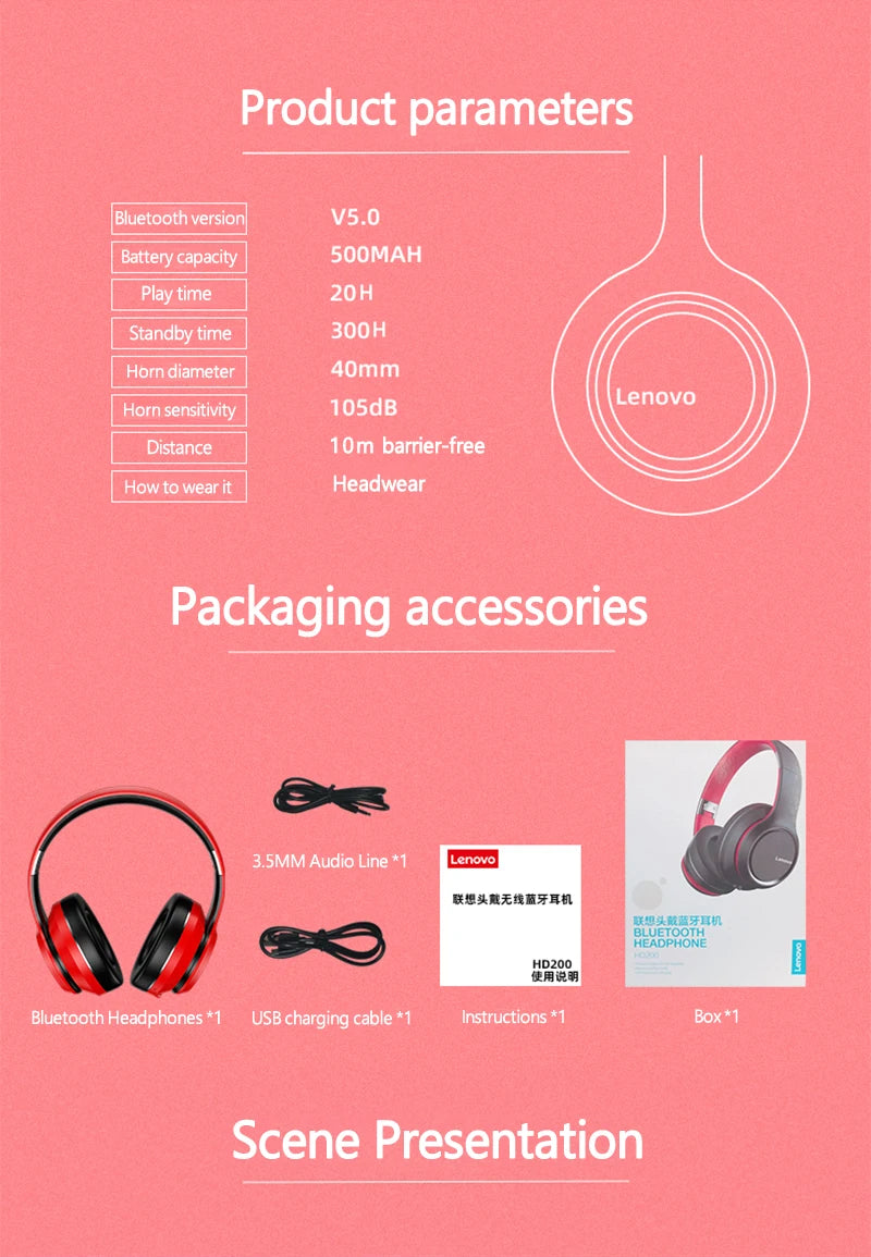 Lenovo HD200 Wireless Bluetooth Over-Ear Headphones | Foldable, HiFi, Noise Cancellation